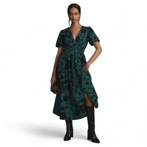 Anthropologie The Katerina Button-Front Dress Elegant Green Floral Dress